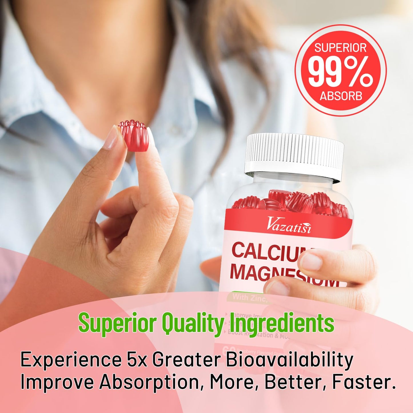 Vazatisi Calcium Magnesium Zinc Gummies with Vitamin D3 & K2, High Absorption Magnesium Glycinate, Potassium, Raspberry Flavor, 120 Gummies