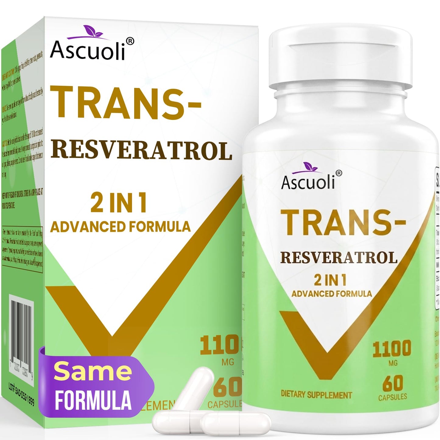 Ascuoli Trans-Resveratrol 1100mg, 3-in-1 Advanced Formula Organic Resveratrol Supplement, 60 Capsules