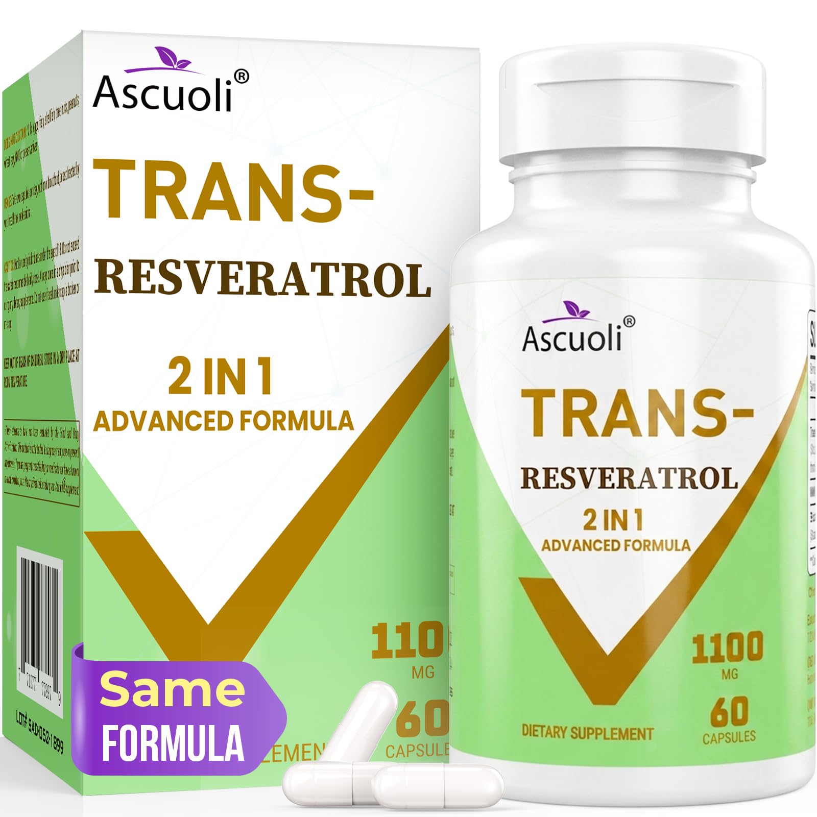 Ascuoli Trans-Resveratrol 1100mg, 3-in-1 Advanced Formula Organic Resveratrol Supplement, 60 Capsules