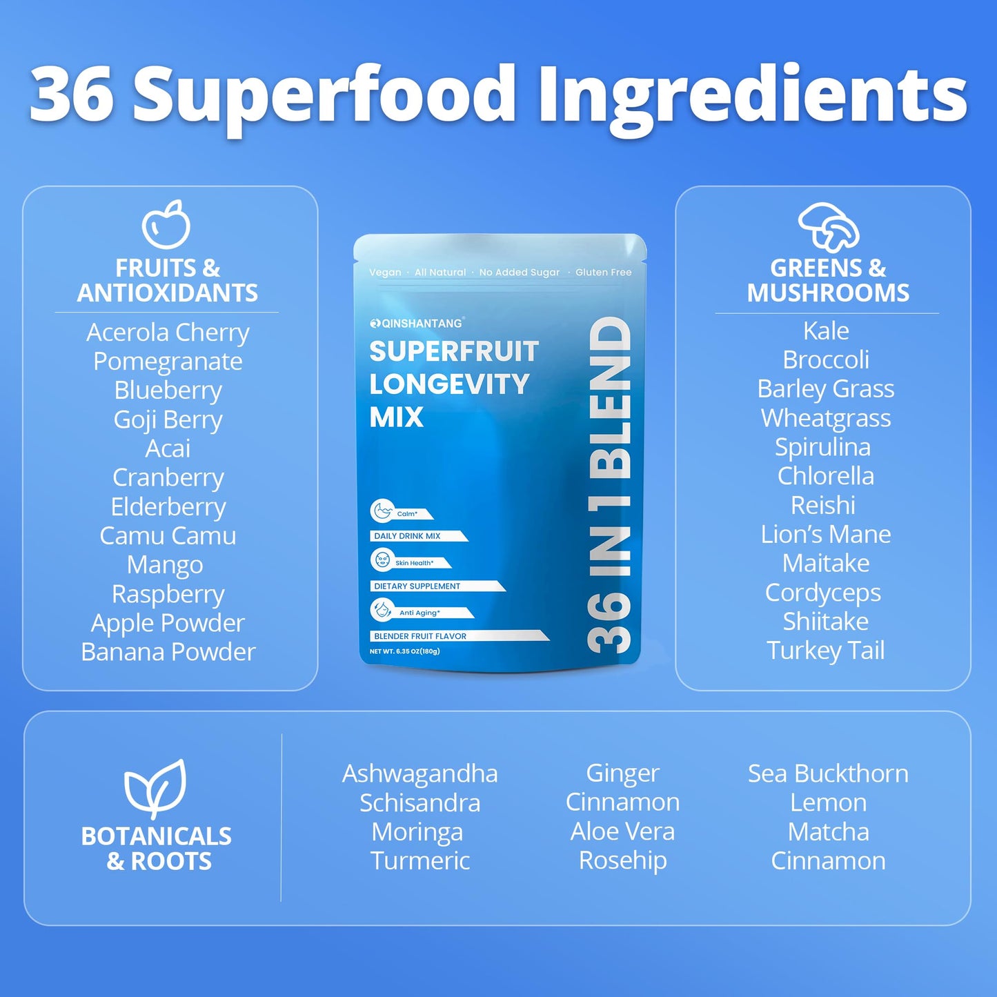 QIN SHAN TANG Superfruit Longevity Mix 36-in-1 Powder, 6.35 oz