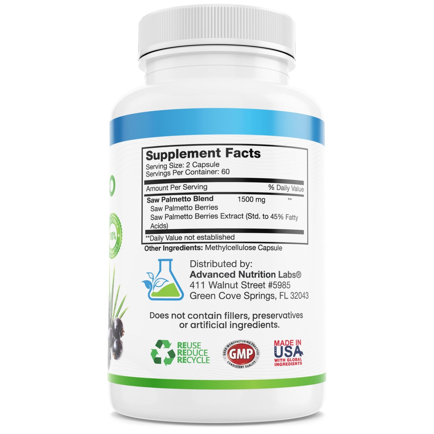 Advanced Nutrition Labs Saw Palmetto Berries & Extract 1500 mg Saw Palmetto Supplement for Men & Women - DHT Blocker for Hair Growth, Prostate Support & Urinary Health, Capsule, 120 Count