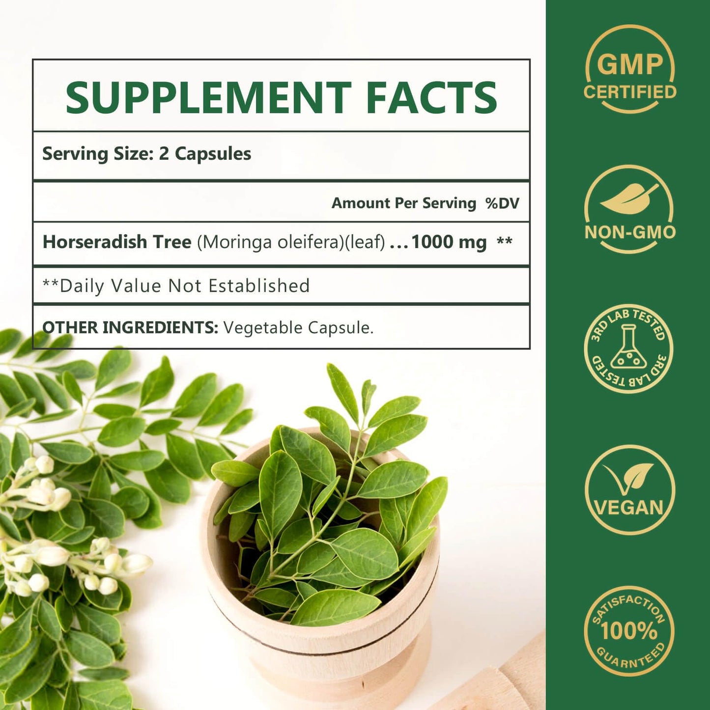 Nature Target Moringa Capsules 1000mg Pure Moringa Oleifera Leaf Supplement for Energy, Immune Support, Non-GMO, Vegan, Caffeine-Free, 120 Capsules