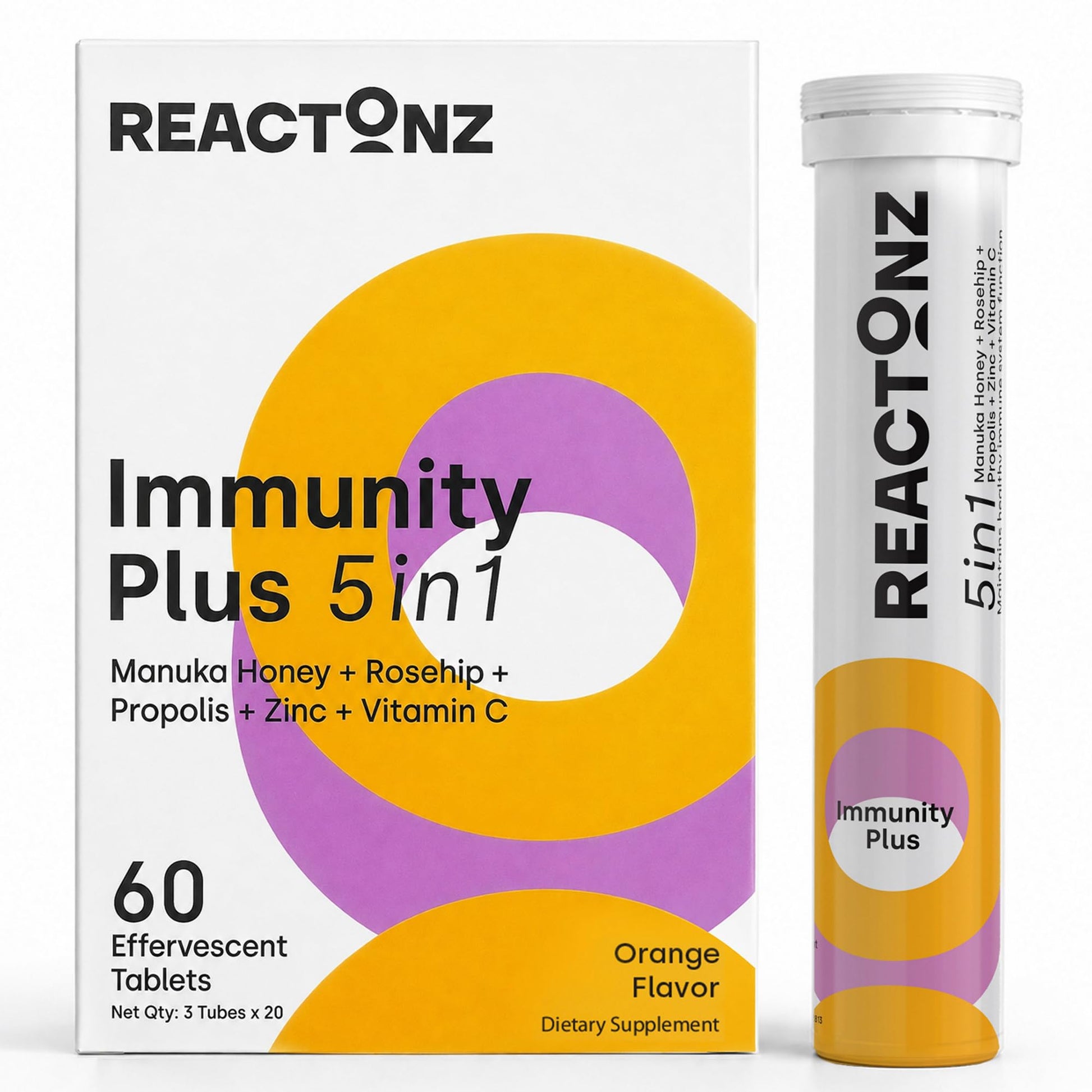 REACTONZ 5 in 1 Immunity Plus – Immune Support & Antioxidant Supplement with Vitamin C, Zinc, Manuka Honey, Rosehip & Propolis – Tablets, 60 Count