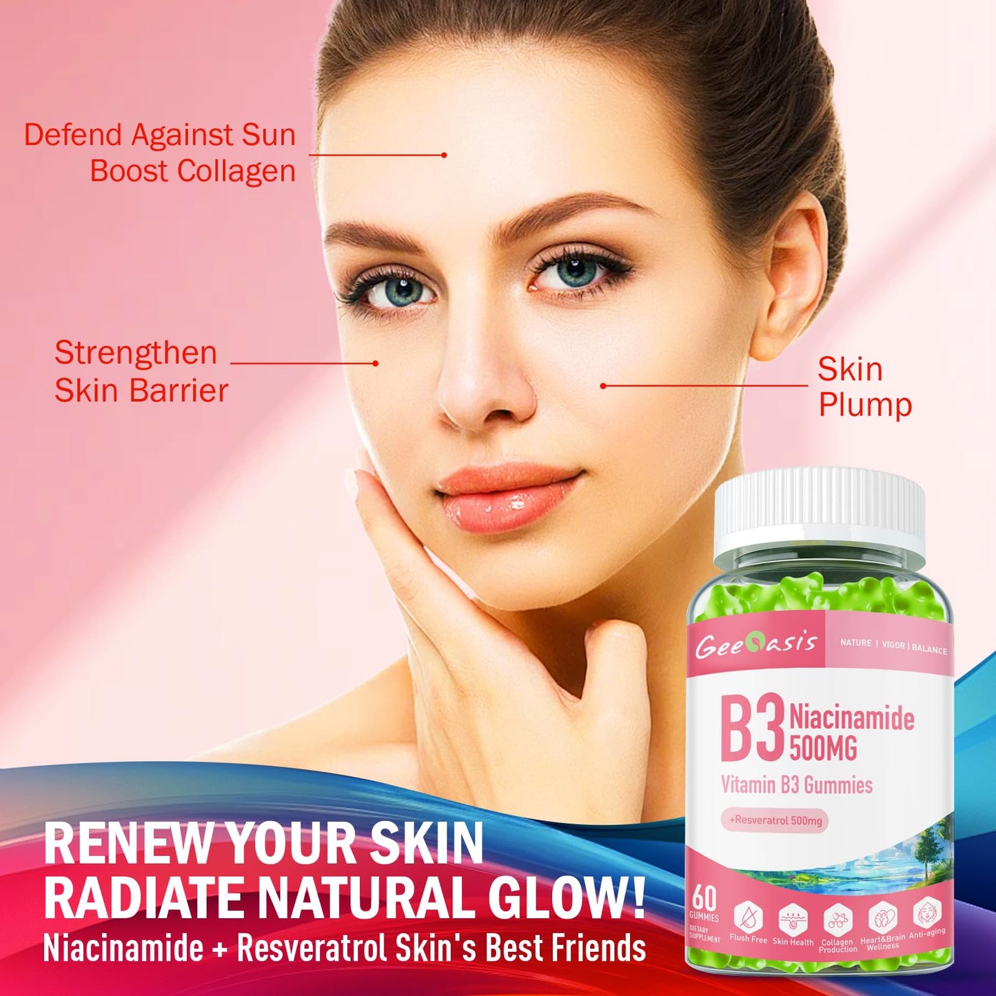 Geeoasis Niacinamide 500mg Gummies with Resveratrol 500mg, 60 Count