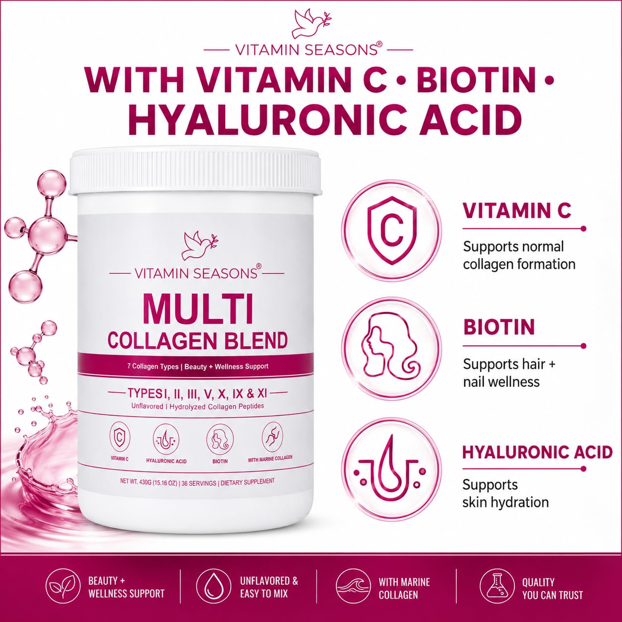 VITAMIN SEASONS Multi Collagen Peptides 7 Types Unflavored Powder 15.16 Ounce