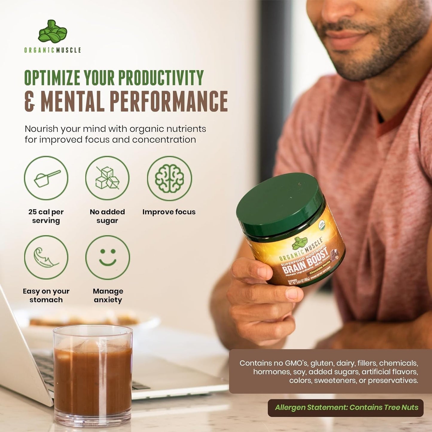 Organic Muscle Brain Boost Nootropics Blend Powder 5.64 Ounce - Vegan & Organic Superfood for Focus, Memory & Productivity with Ashwagandha, Ginkgo & Ginseng - Chocolate Flavor