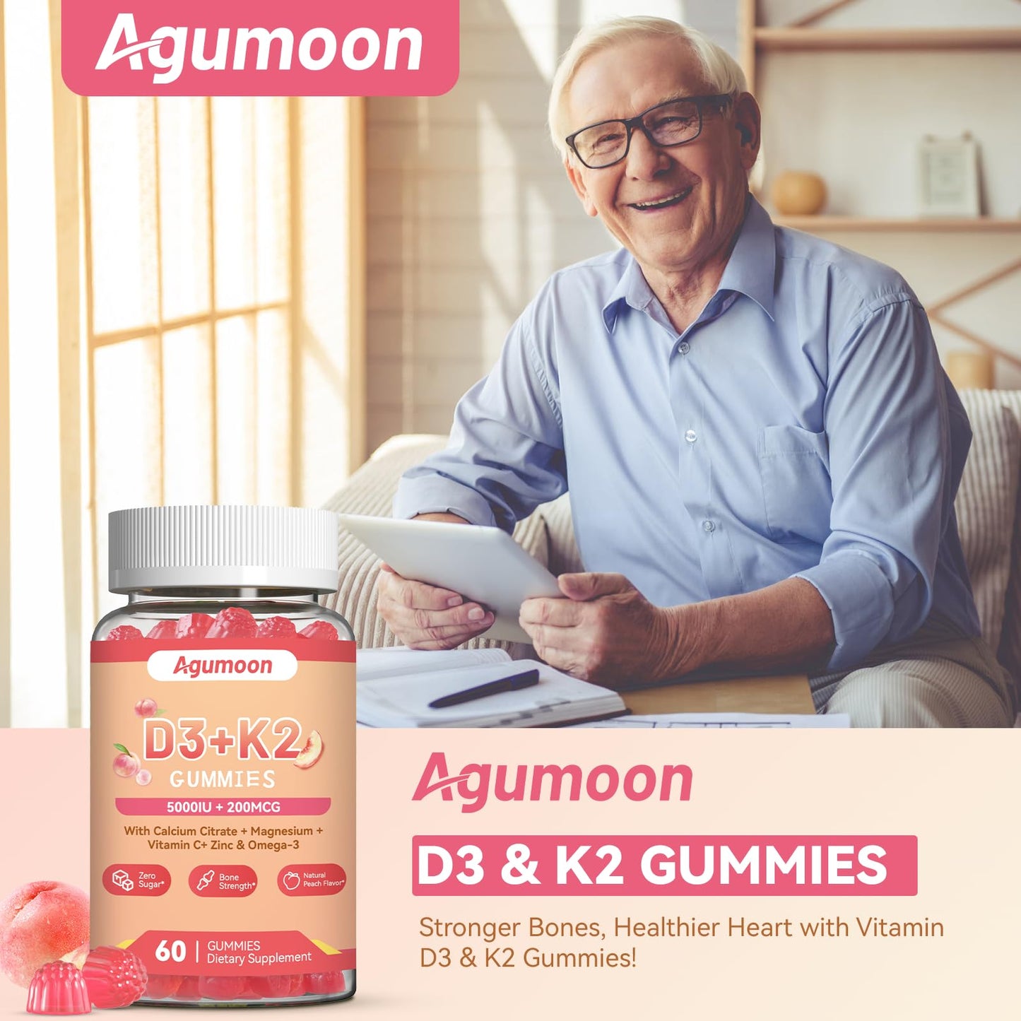 Agumoon Vitamin D3 K2 Gummies for Adults - Vitamin D3 5000IU + K2 200mcg (MK-7) with Calcium Citrate, Magnesium Citrate, Omega-3 - 60 Gummies