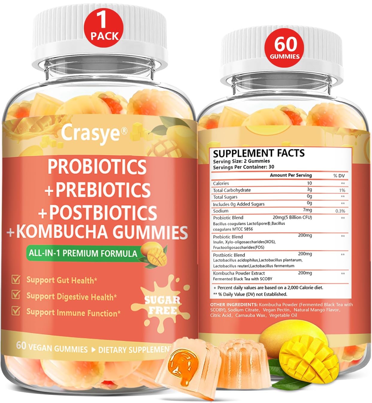 Crasye Probiotic Kombucha Gummies, 60 Count