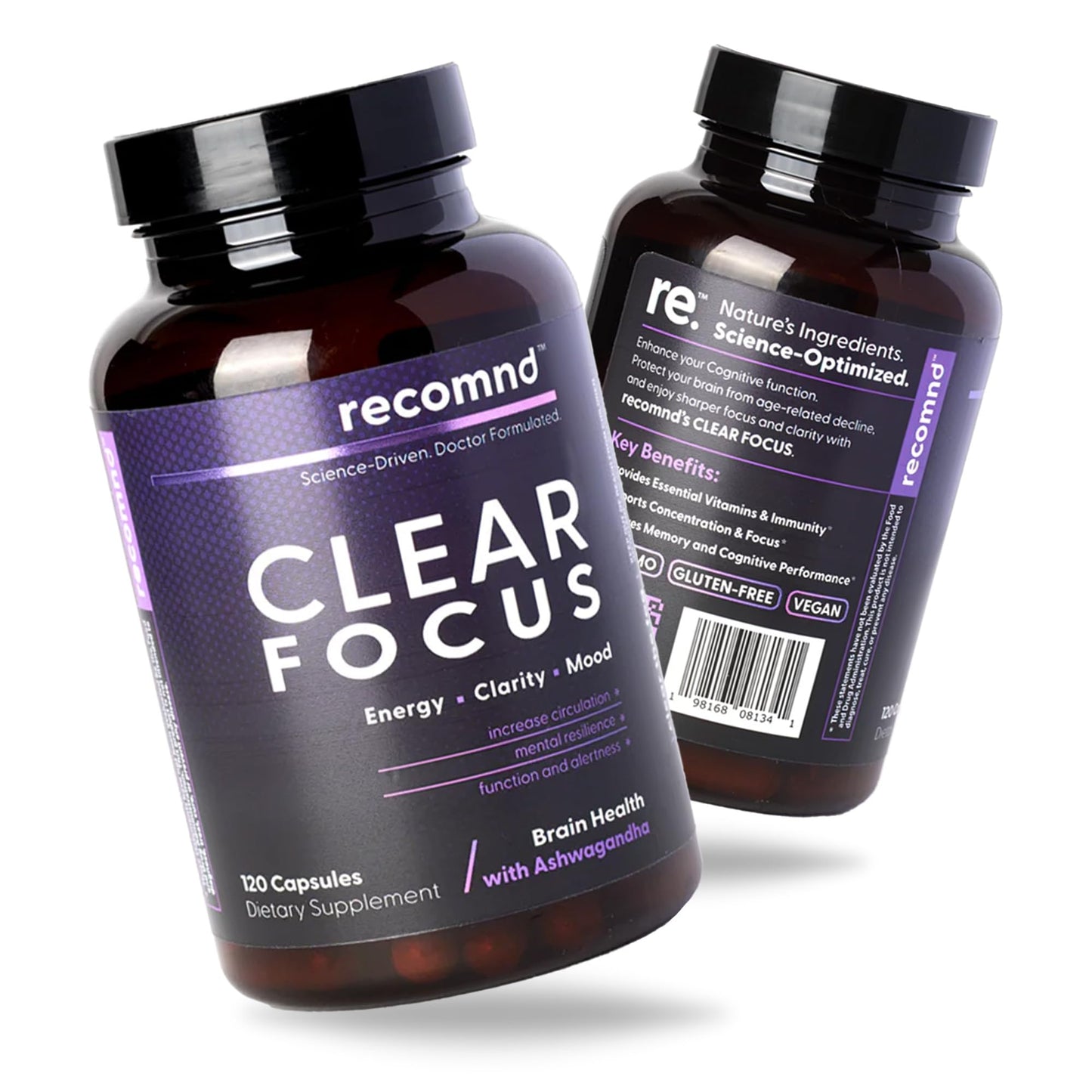 recomnd Clear Focus Brain Supplements for Memory and Focus Support with Ashwaghanda, Lions Mane, Ginkgo Biloba, 120 Capsules