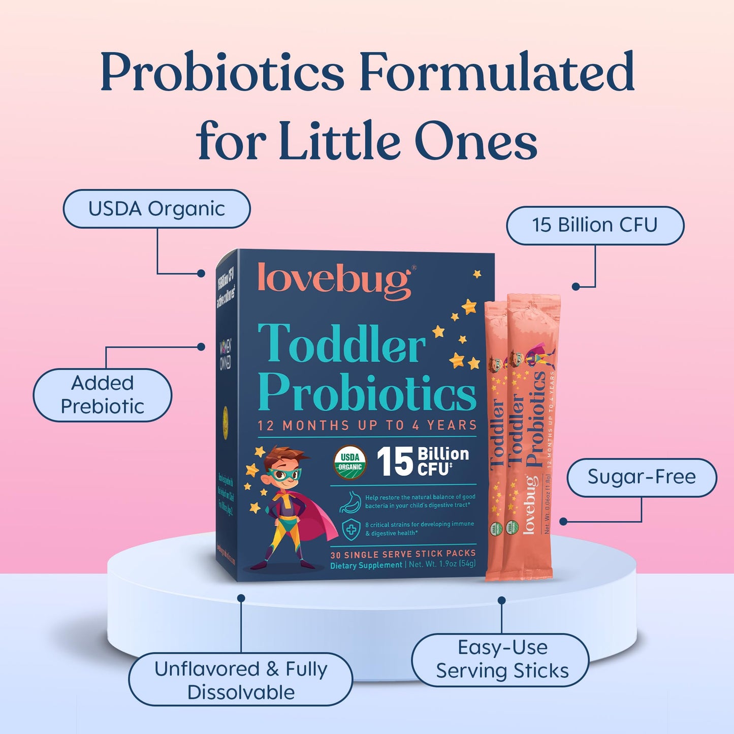 LOVEBUG Kids Probiotic Powder with Prebiotic Fiber - Toddler Immunity Support & Constipation Relief - USDA Organic Probiotics for Children's Gut & Digestive Health (Ages 1-4) - 30 Pack