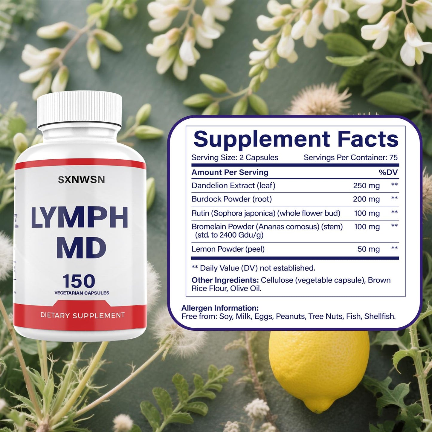 SXNWSN Lymph MD Comfort Capsules - Fast-Acting Dandelion & Bromelain Blend, Post-Meal Support for Foodies & Travelers, Vegan Gentle Formula - 1 Capsule
