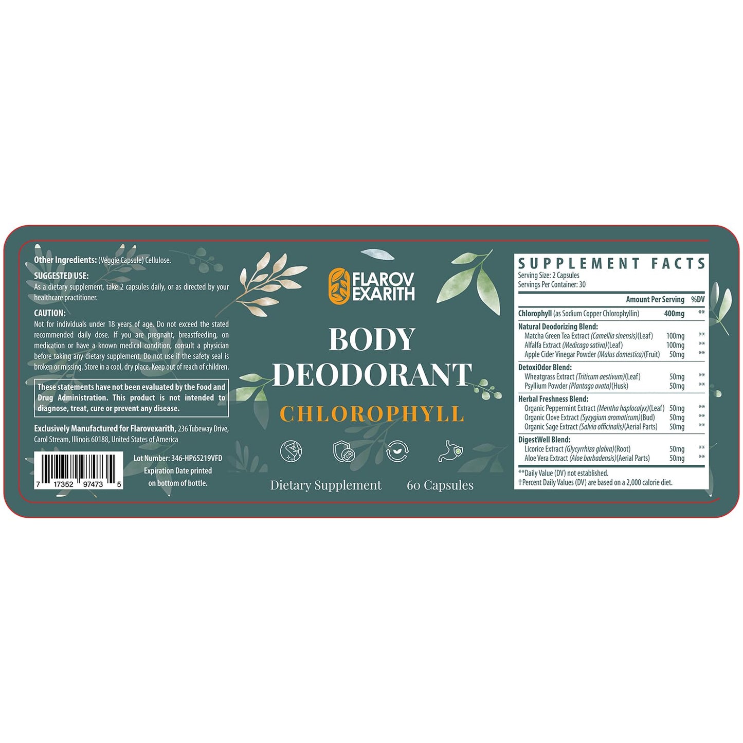 Flarovexorith Women's Body Deodorizing Supplement – Chlorophyll Capsules for Body Odor, Fresh Breath & Gut Detox, for Social Confidence – Vegan with Matcha Green Tea, Apple Cider Vinegar, 120 Capsules