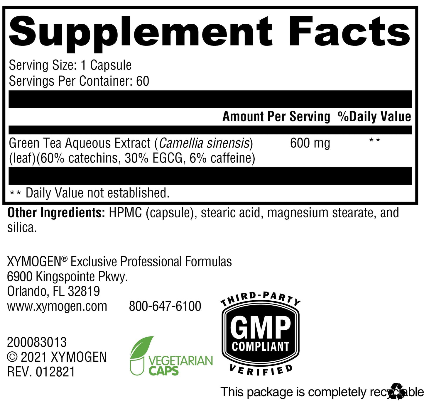 XYMOGEN Green Tea 600 - Antioxidant & Immune Support, 60 Capsules