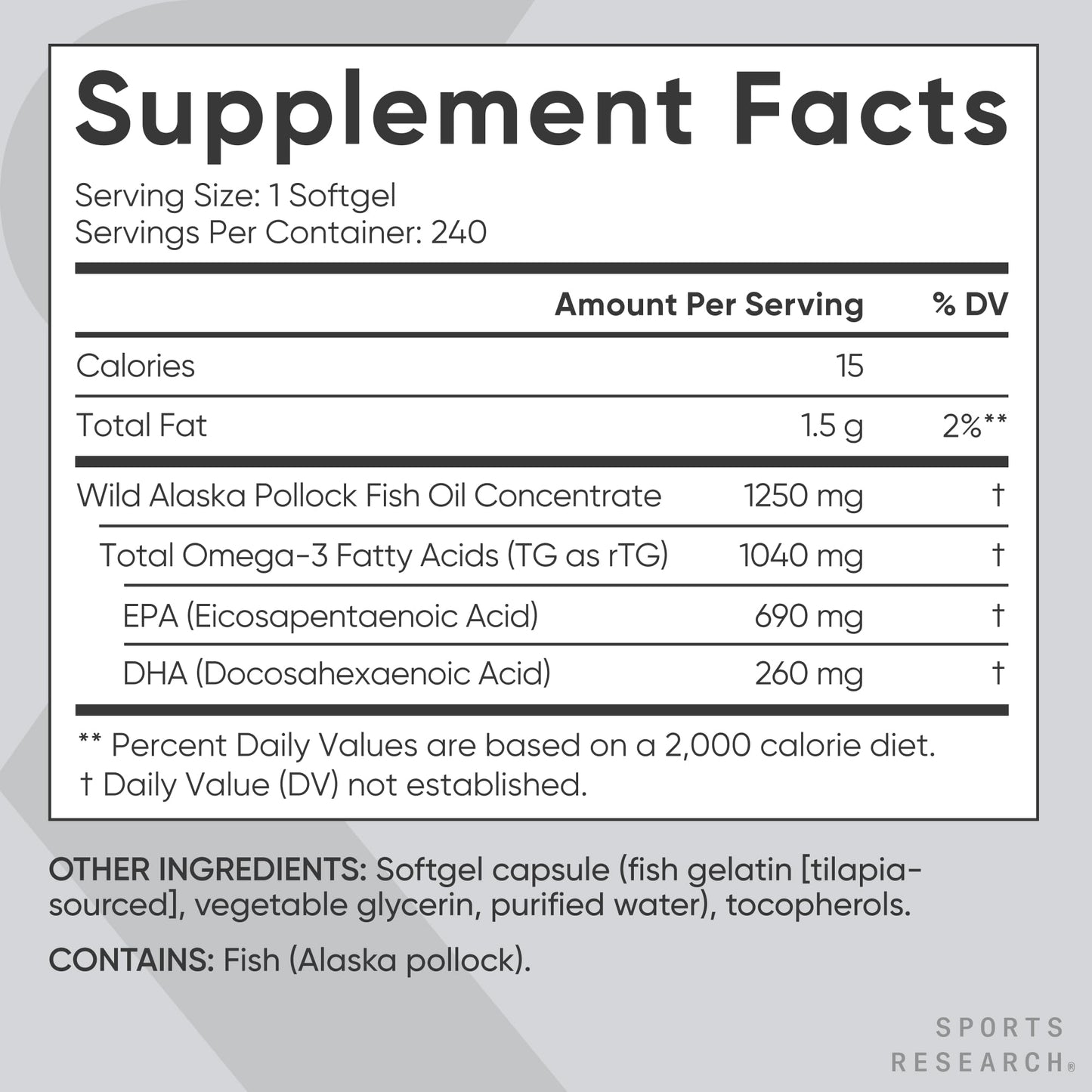 Sports Research Omega-3 Fish Oil 1250mg from Wild Alaska Pollock Capsule, 240 Count