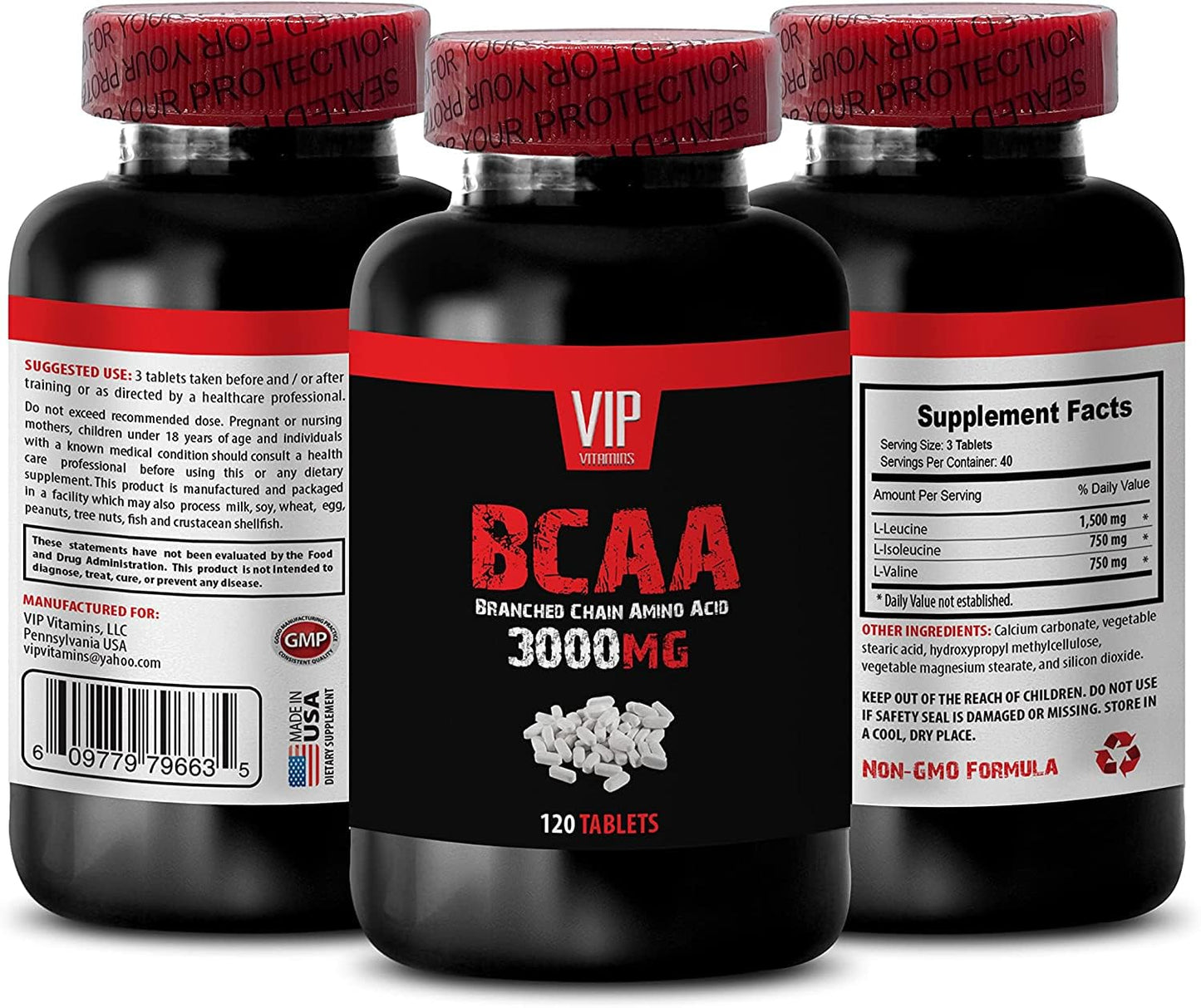 VIP Supplements BCAA 3000 mg Branched-Chain Amino Acids Tablets, 120 Count