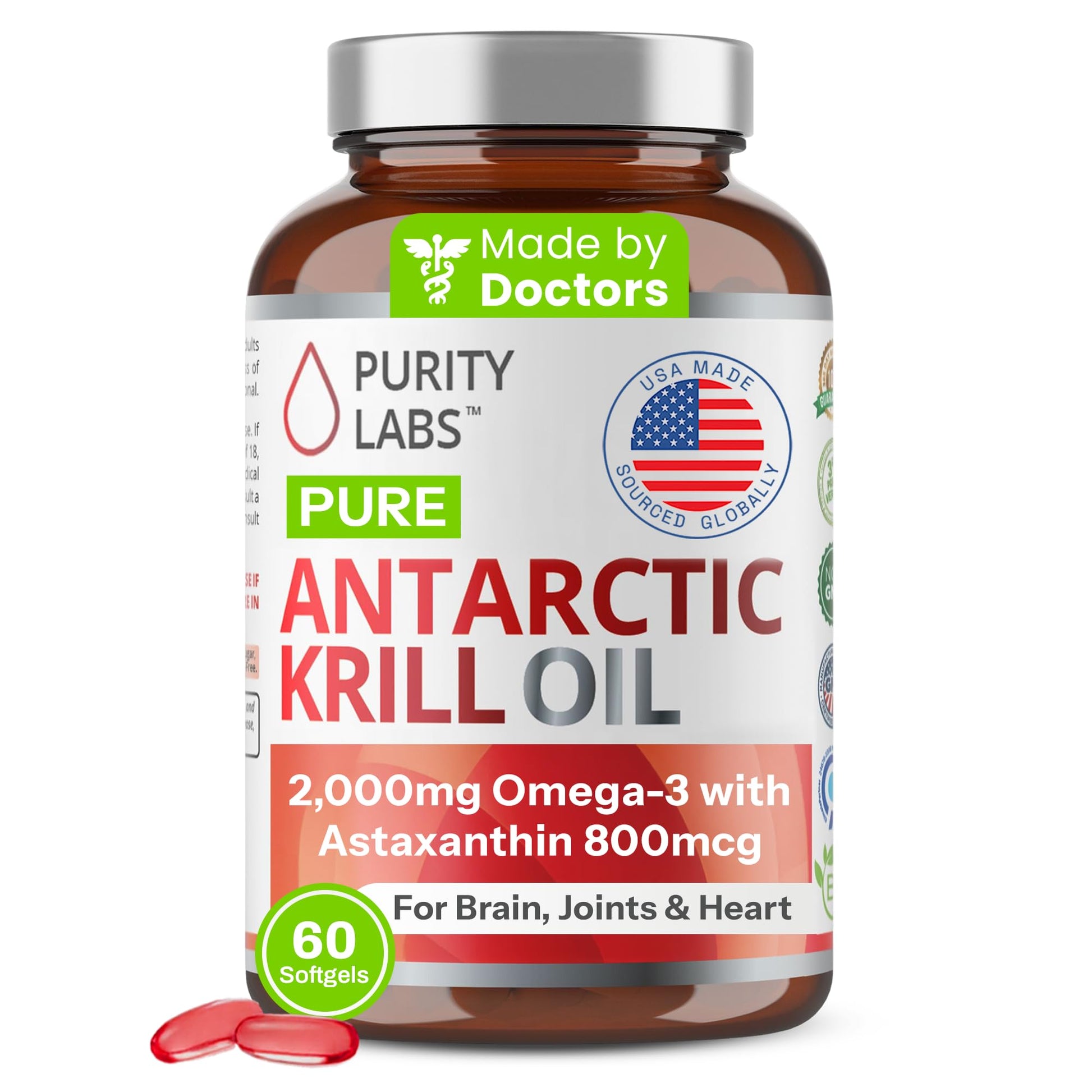 Purity Labs Antarctic Krill Oil 2000mg Omega-3 with Astaxanthin 800mcg Softgels 60