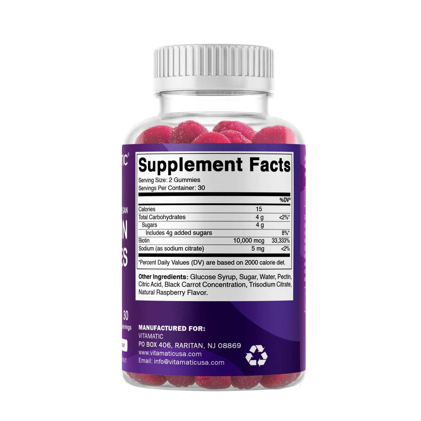 Vitamatic Biotin Gummies 10,000 mcg for Stronger Hair, Skin & Nails, 60 Gummies