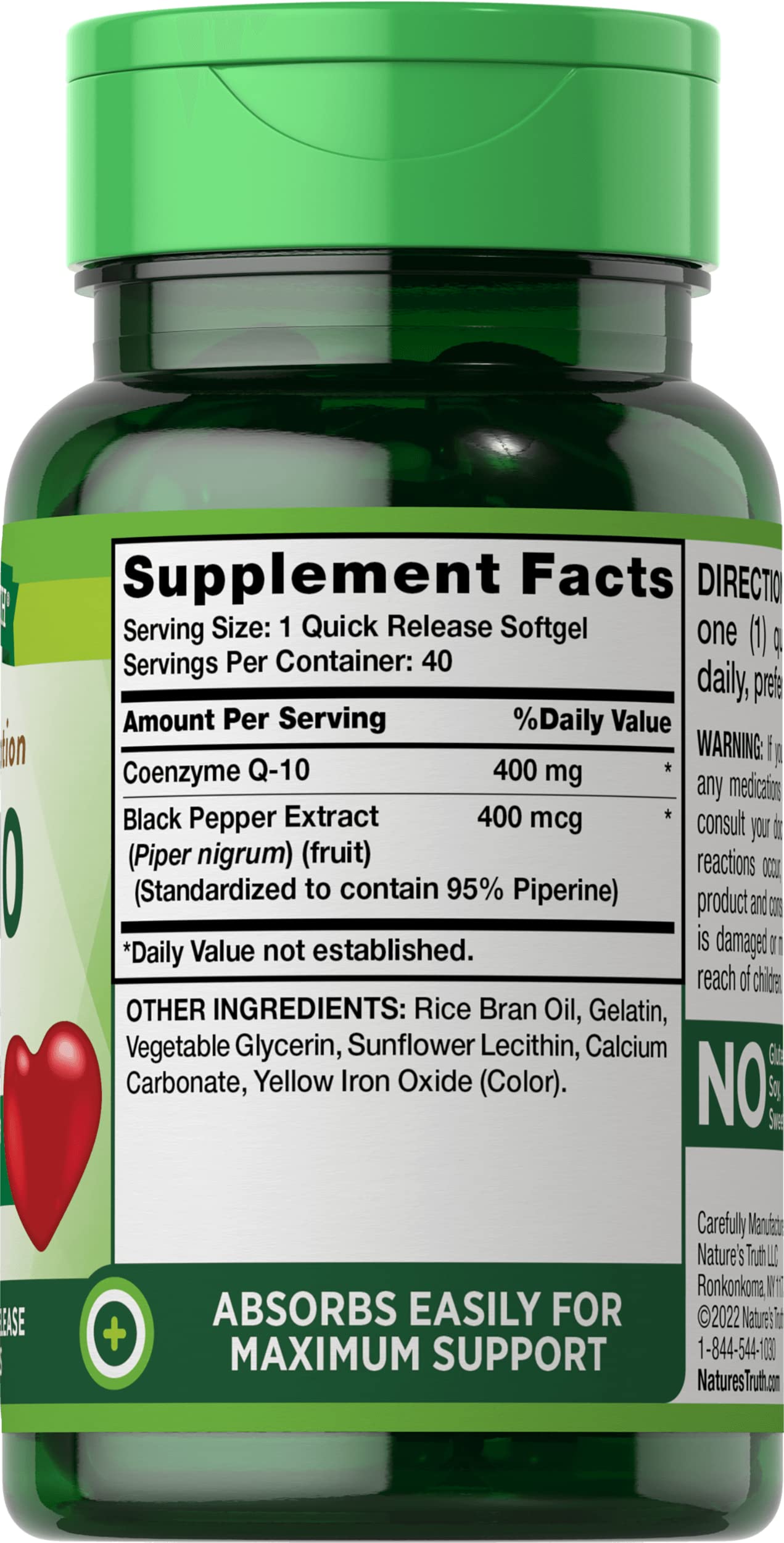 Nature's Truth CoQ10 Plus Black Pepper Extract 400mg Soft Gels, 80 Count