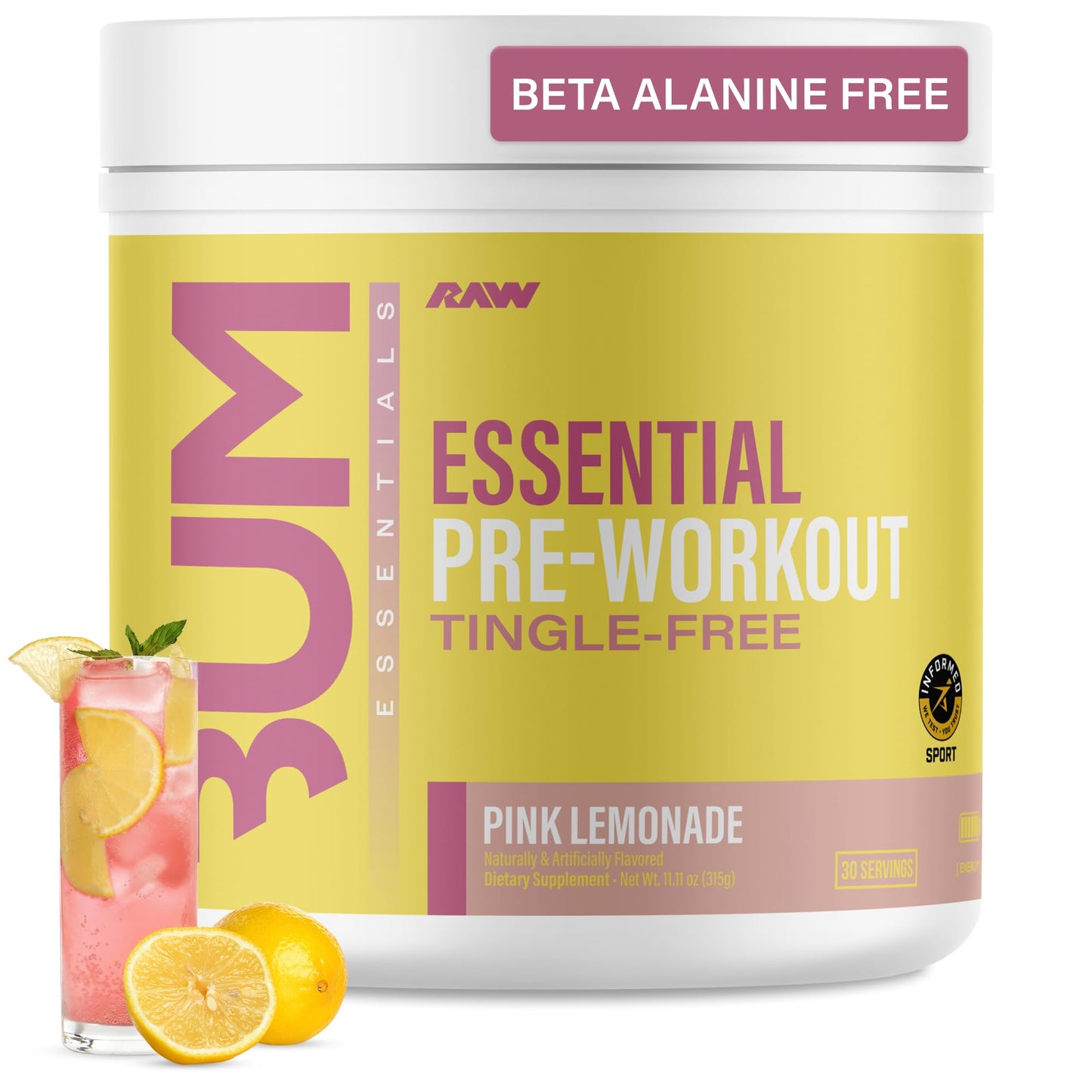 RAW Essential Tingle-Free Pre Workout Powder - Pink Lemonade, 11.22 Ounce