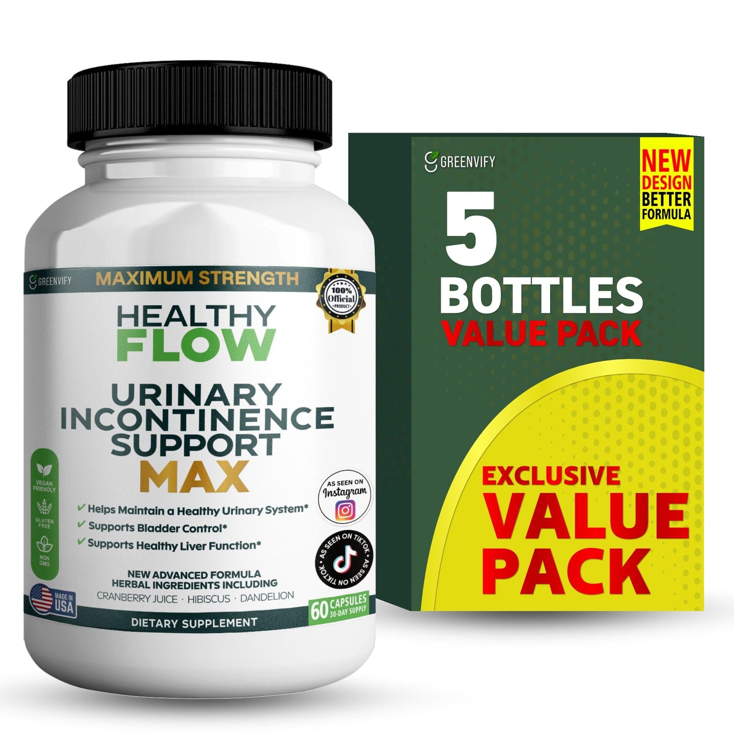 GREENVIFY Healthy Flow Urinary Support Max Feminine Bladder Control Extra Strength Urinary Formula 60 Capsules