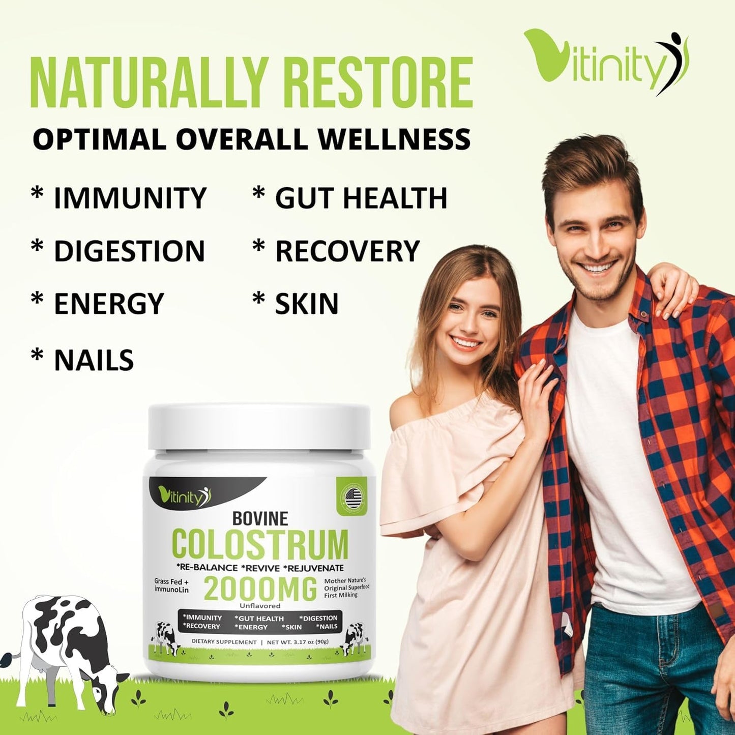 VITINITY Grass Fed Bovine Colostrum Powder, Unflavored, 3.18 oz