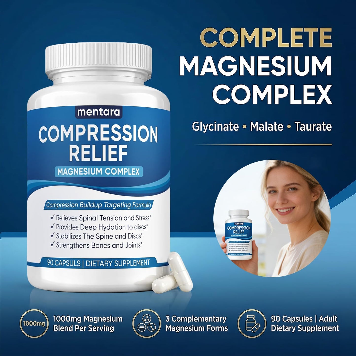 WOVOEO Mentara Compression Relief Magnesium Capsules, 1000mg Triple Magnesium Blend (Glycinate, Malate, Taurate), 90 Capsules