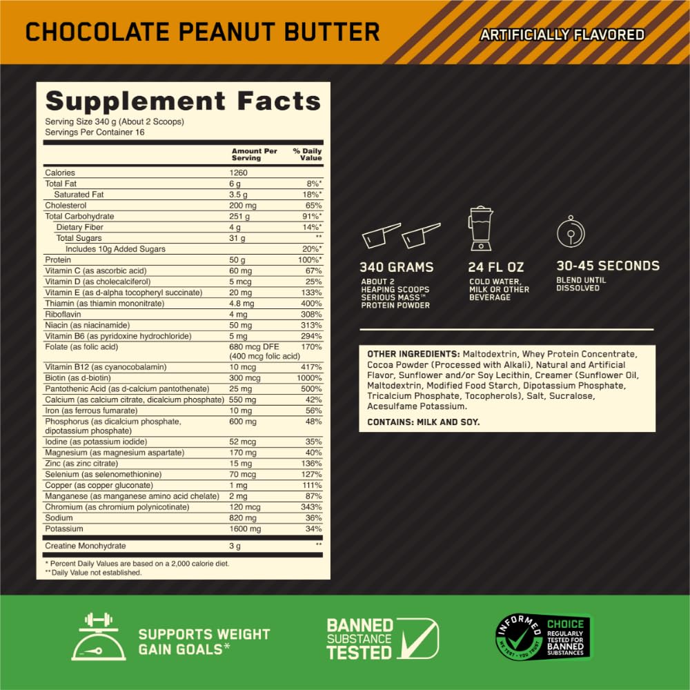 Optimum Nutrition Serious Mass Protein Powder Chocolate Peanut Butter 12 lb, 192 Servings