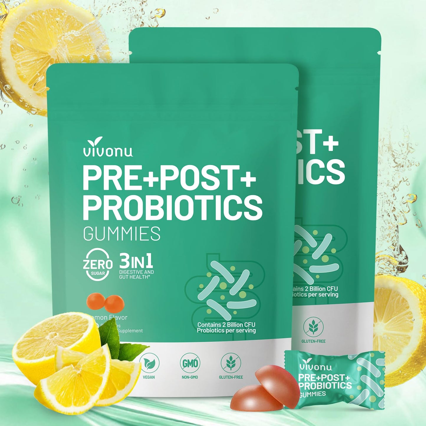 VivoNu Probiotics for Digestive Health Gummies, 2 Billion CFU Probiotic, Zinc, Magnesium and Vitamin D3, Non-GMO, 1 Count
