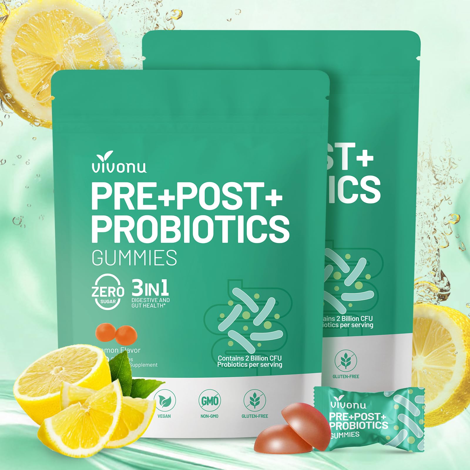 VivoNu Probiotics for Digestive Health Gummies, 2 Billion CFU Probiotic, Zinc, Magnesium and Vitamin D3, Non-GMO, 1 Count