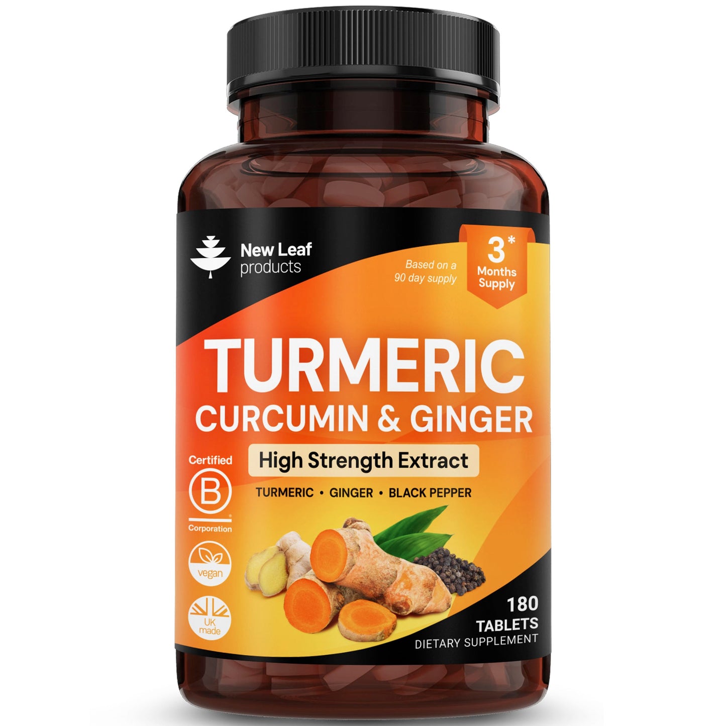 New Leaf Products Turmeric Tablets with Black Pepper & Ginger, Curcumin, 180 Tablets