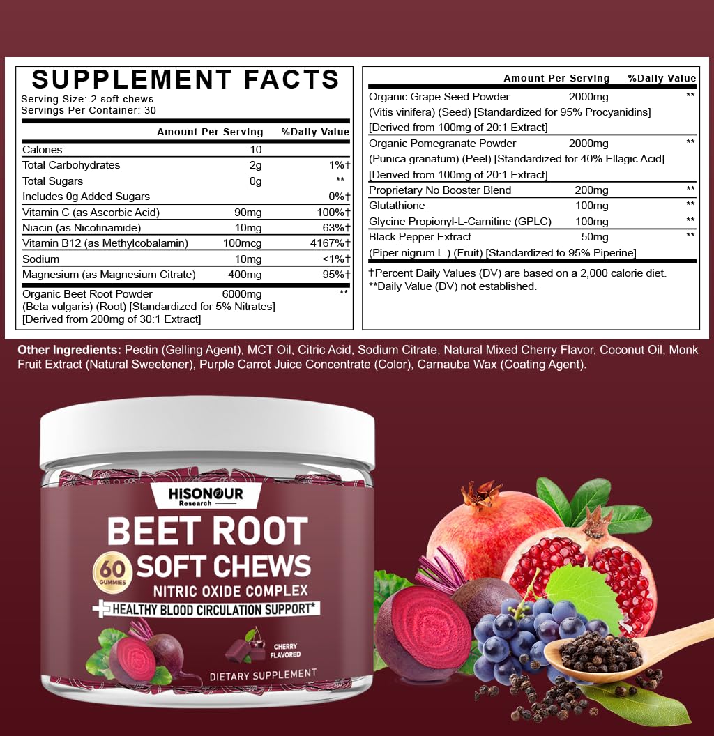 Hisonour Research Beetroot Soft Chews Chewable 60 Count