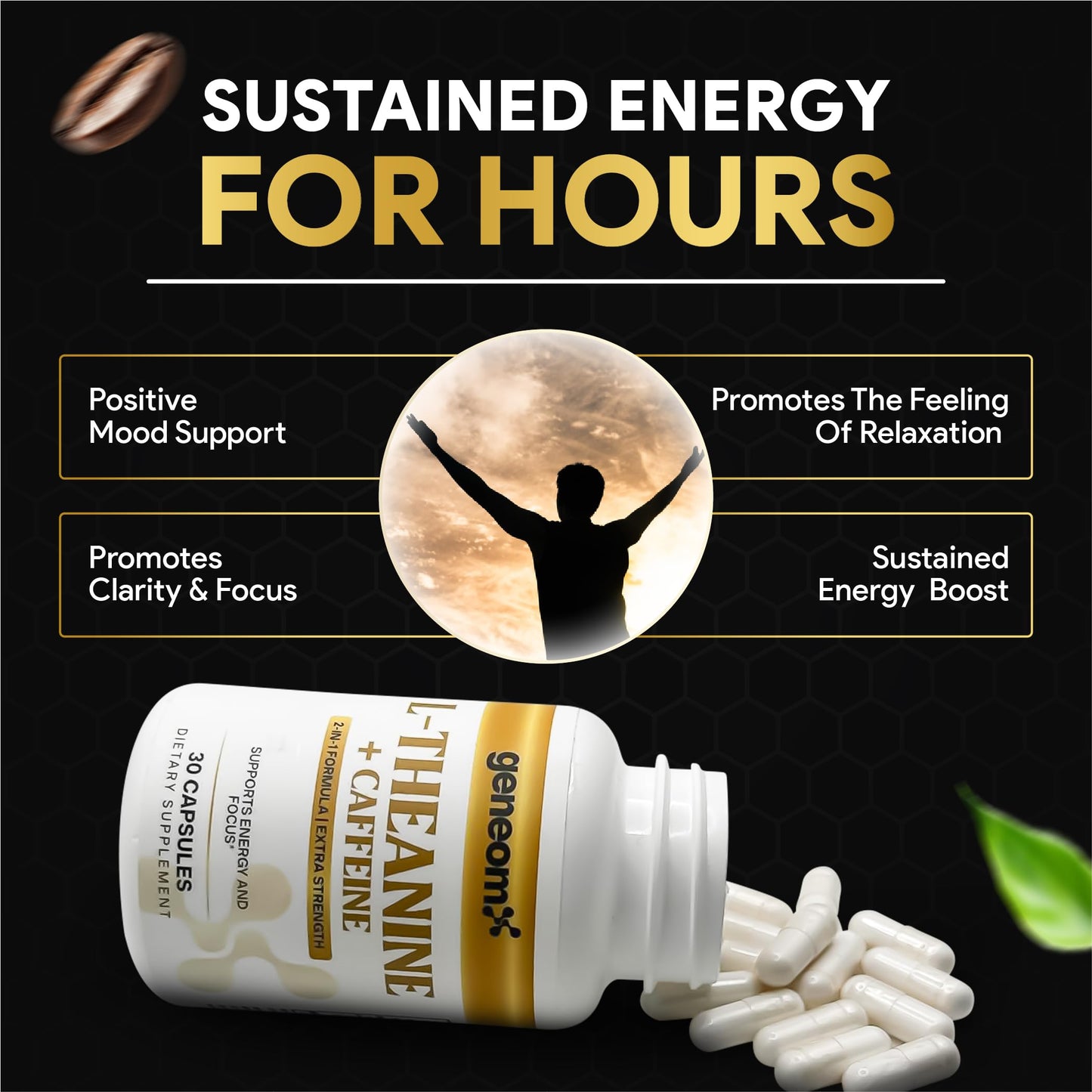 Geneomx L-Theanine + Caffeine Supplement Extra Strength 2-in-1 Formula for Mental Clarity, Energy and Focus with Natural Green Coffee Bean Extract Capsule, 30 Count