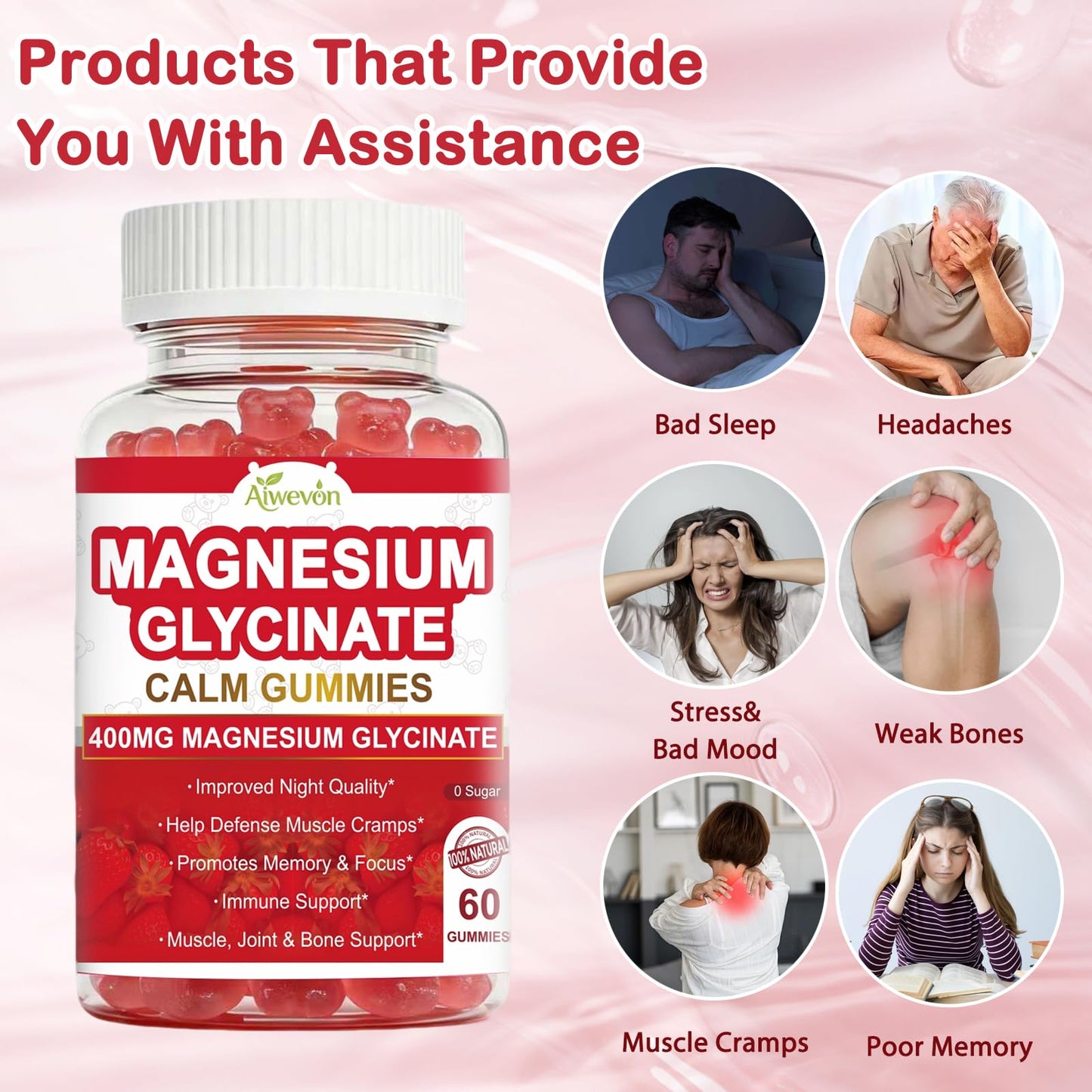 Aiwevon Magnesium Glycinate Gummies 400mg Sugar Free, 60 Gummies