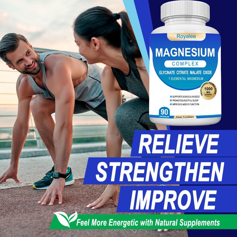 Royalee Magnesium Complex Supplement 1000mg with 7 Magnesium Forms Including Glycinate, Citrate, Malate, Taurate & Orotate Capsule, 90 Capsules