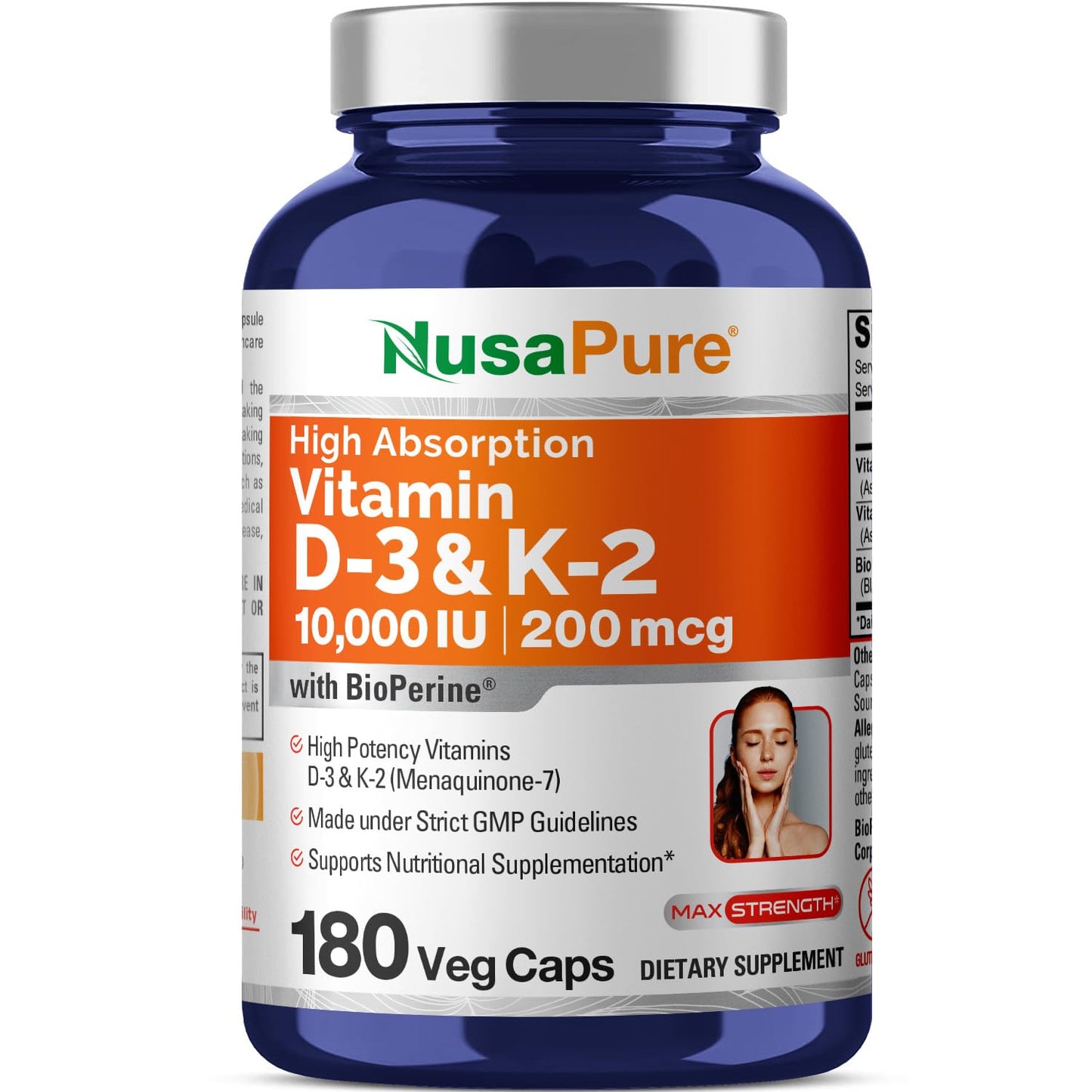 NusaPure Vitamin D3 & K-2, 250 mg D3 and 200 mcg K-2, 180 Veg Capsules