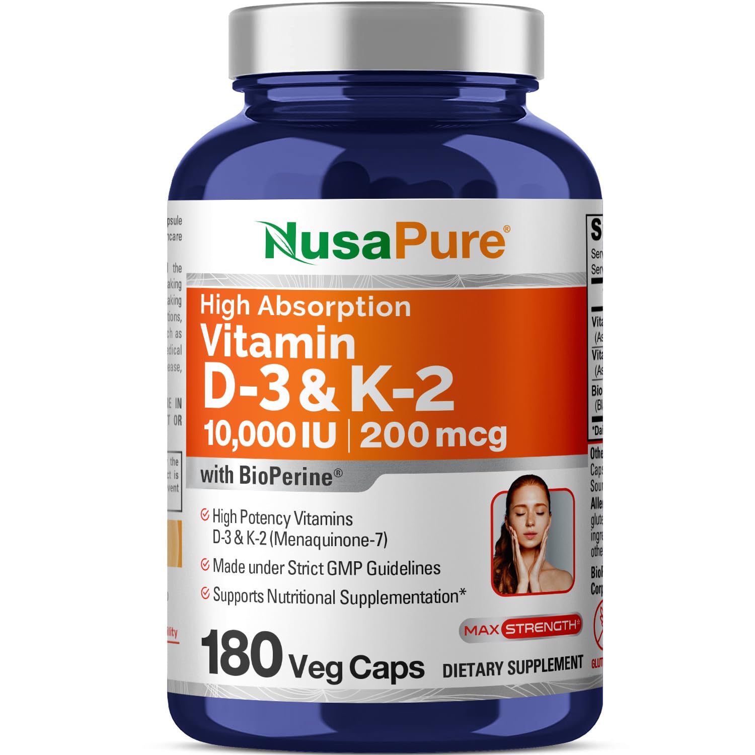 NusaPure Vitamin D3 & K-2, 250 mg D3 and 200 mcg K-2, 180 Veg Capsules
