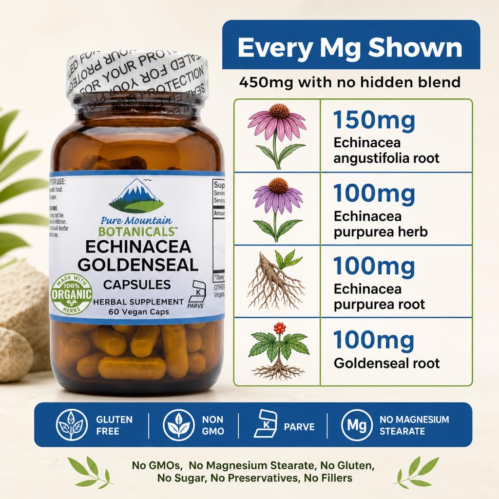 Pure Mountain Botanicals Echinacea Goldenseal Capsules 450mg Organic Echinacea and Goldenseal Root Complex, 90 Count
