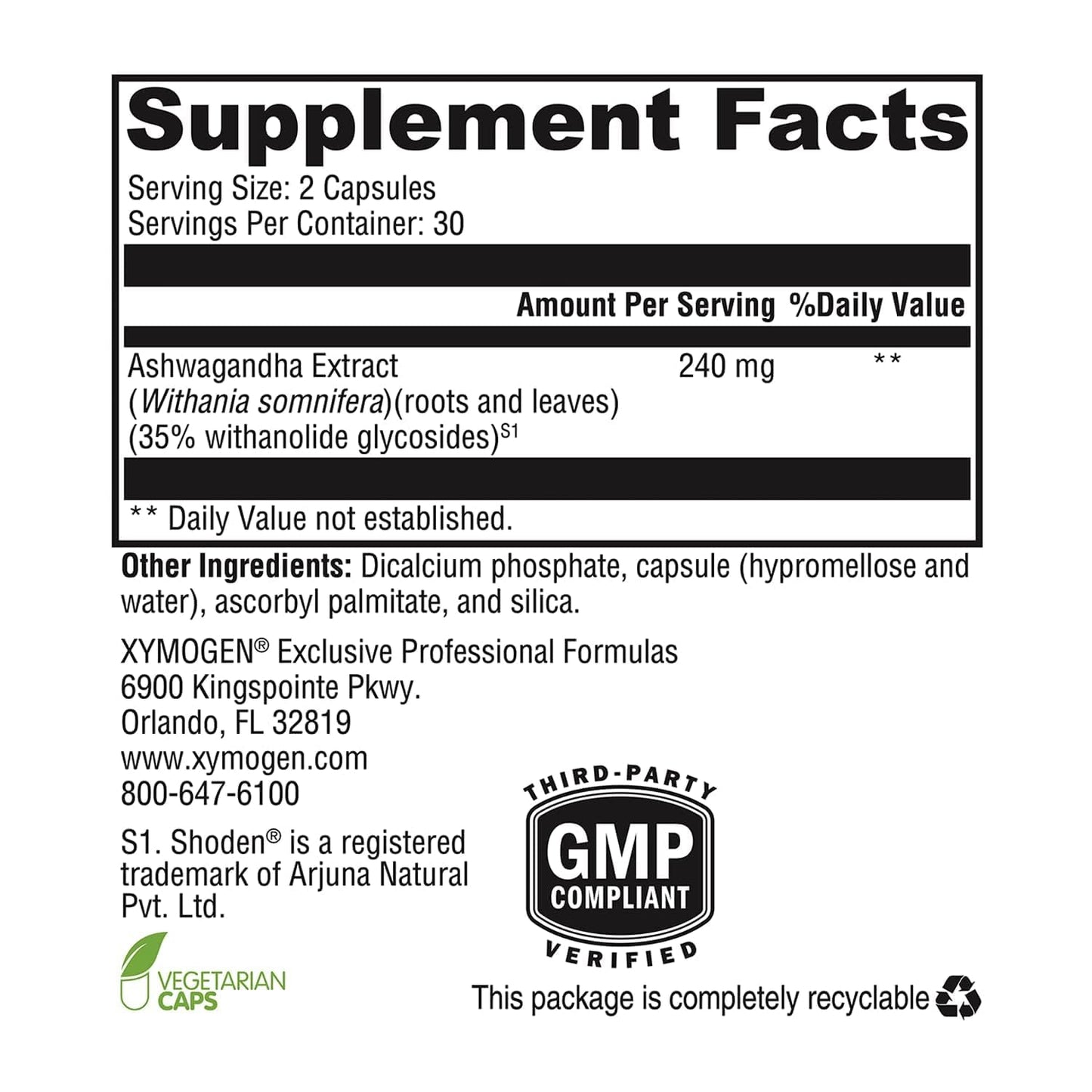 XYMOGEN Ashwagandha 35 - Shoden Ashwagandha Adaptogen Support, 60 Capsules