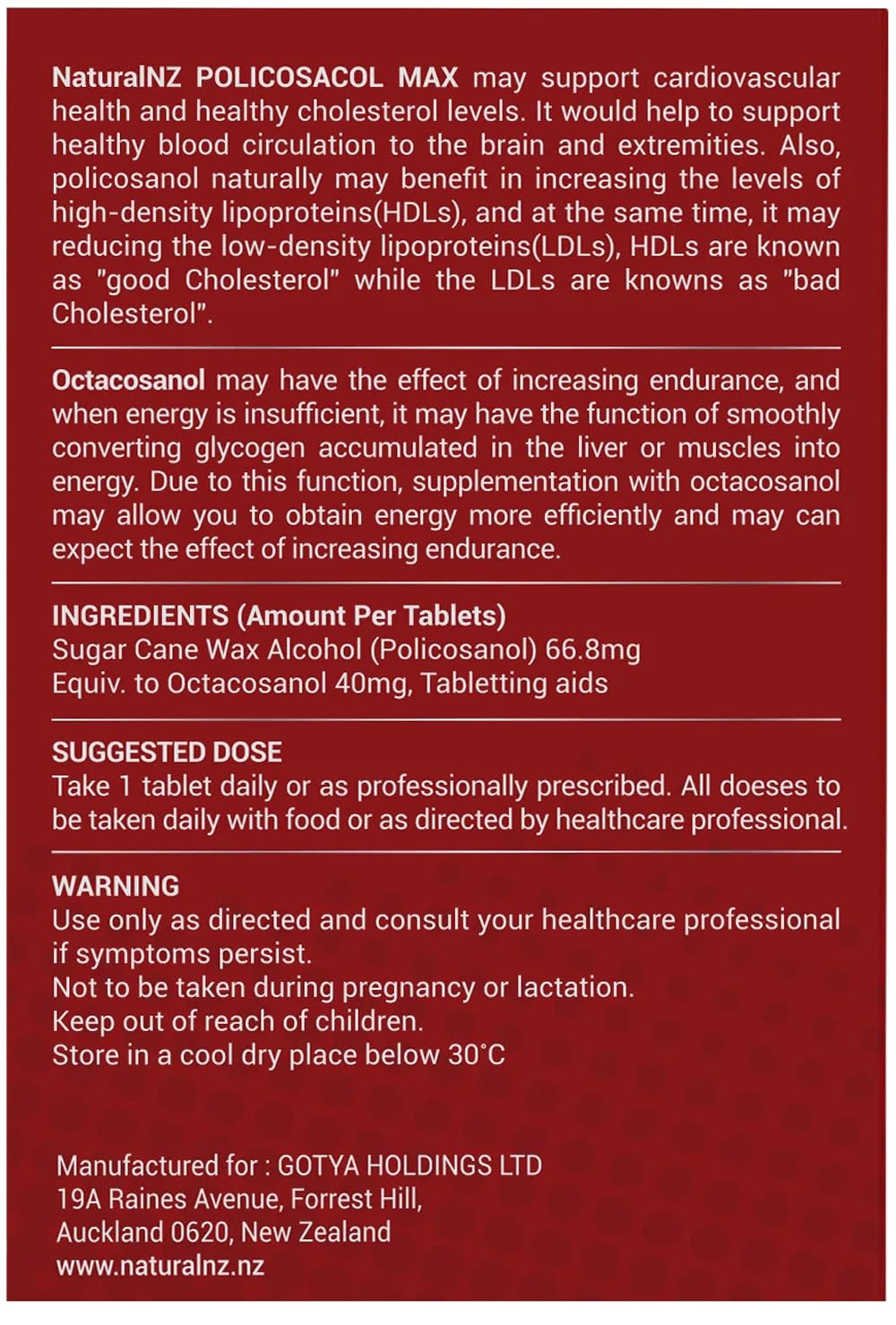 Natural NZ Policosanol Max 66.8mg (Otacosanol 40mg) 1-A-Day Tablets, 60 Count