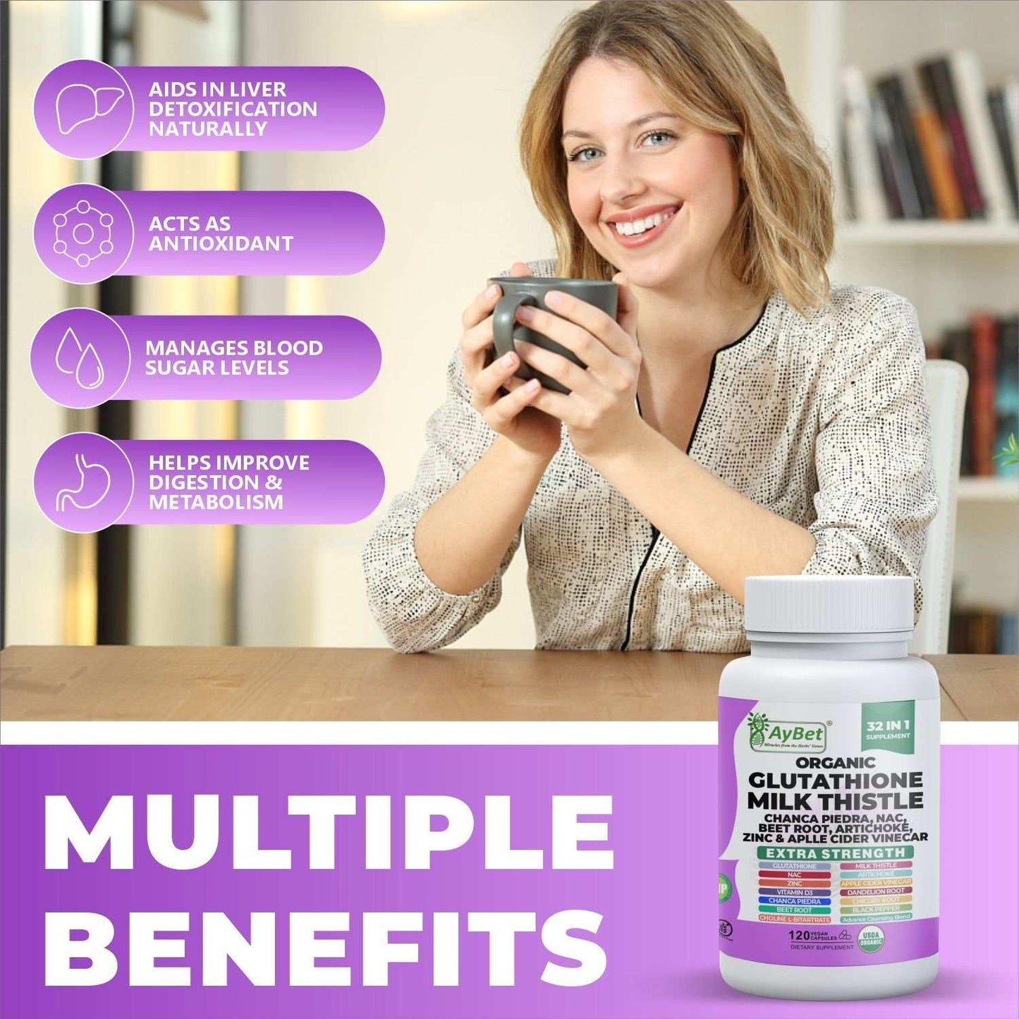 AyBet Glutathione NAC Milk Thistle Supplement Capsule 120 Count