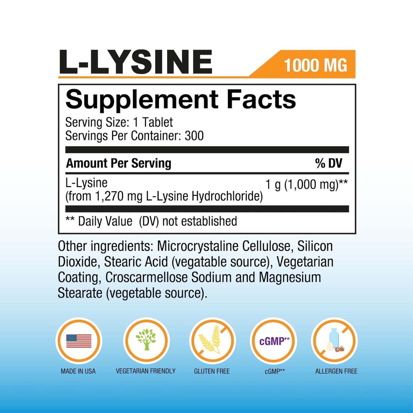 P Puregen Labs L-Lysine Extra Strength 1000 mg per Tablet, 300 Tablets