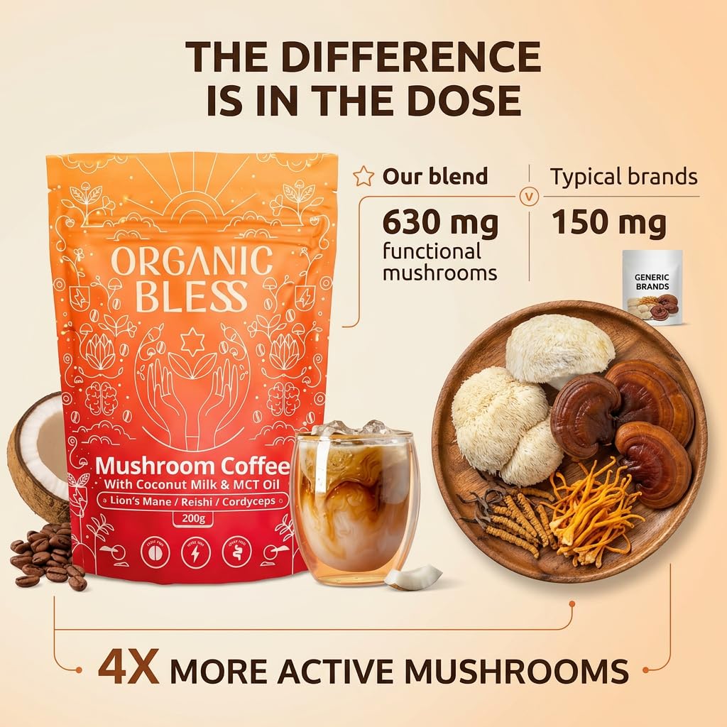 Organic Bless Instant Mushroom Coffee with Lion's Mane, Reishi & Cordyceps – Coconut Milk & MCT Oil – Low Caffeine 31mg – Powder, 7.05 Ounce