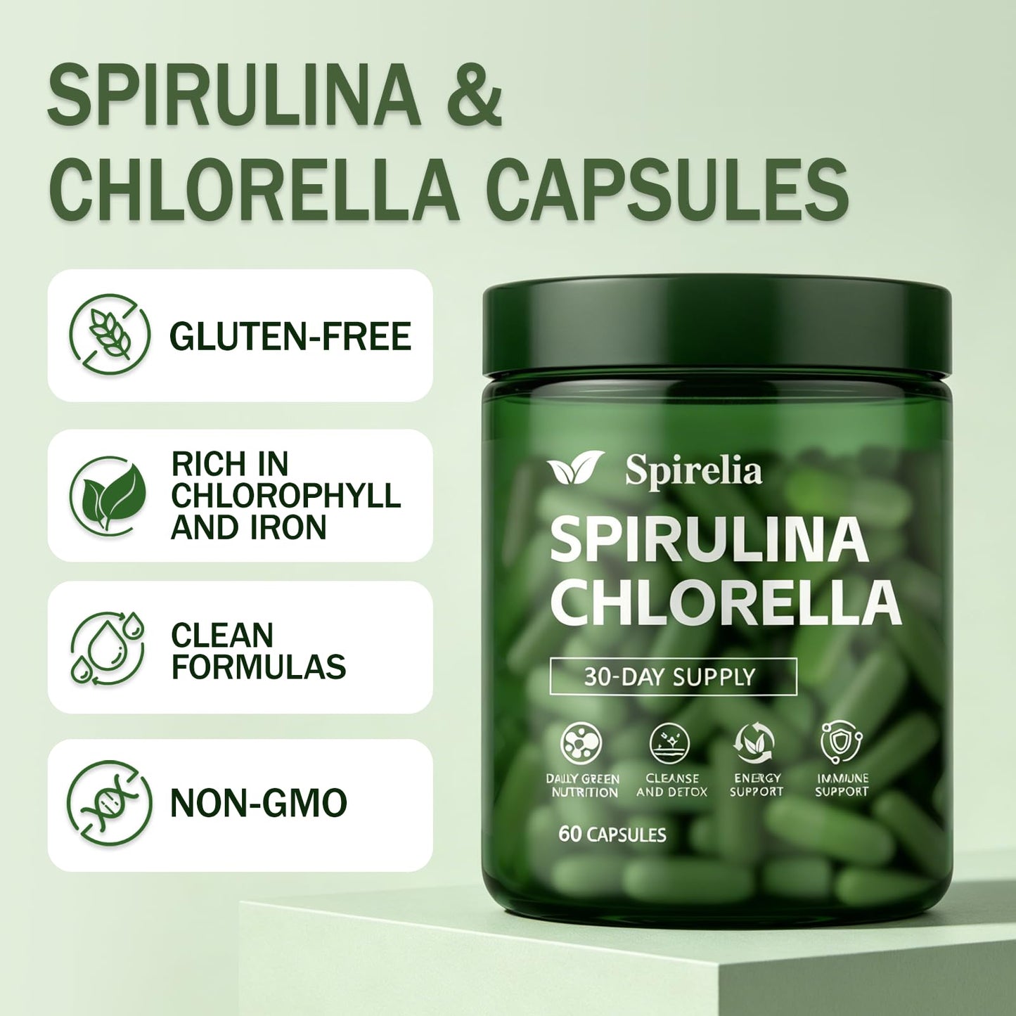 Enerra Spirelia Spirulina and Chlorella Capsules, 60 Capsules