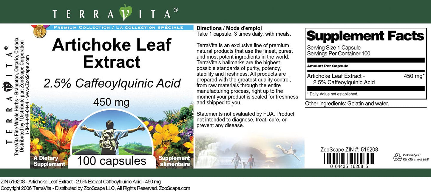 Terravita Artichoke Leaf Extract - 2.5% Caffeoylquinic Acid - 450 mg Capsule, 100 Capsules