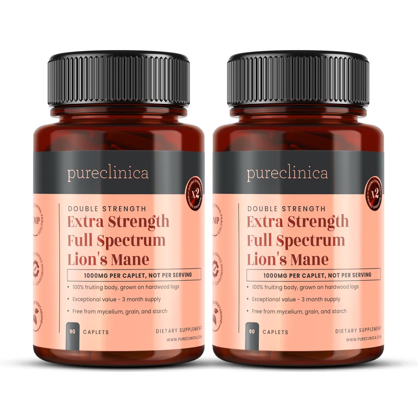 Pureclinica Full Spectrum Lion’s Mane Mushroom 1000mg (15:1) Caplets, 180 Caplets