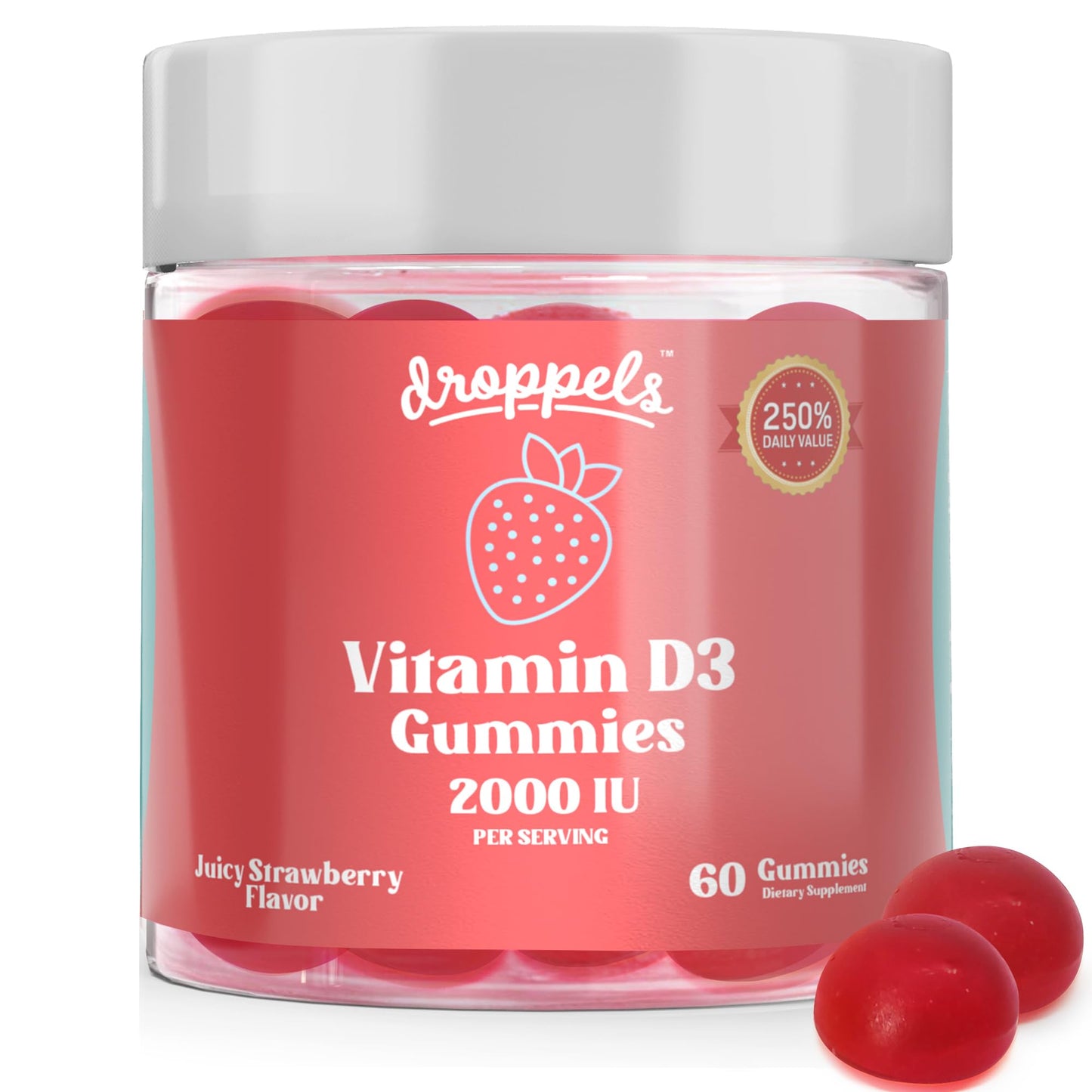 Droppels Vitamin D3 Gummies 2000 IU – Extra Strength, Vegetarian, Plant-Based (Pectin) – Juicy Strawberry Flavor, 60 Count