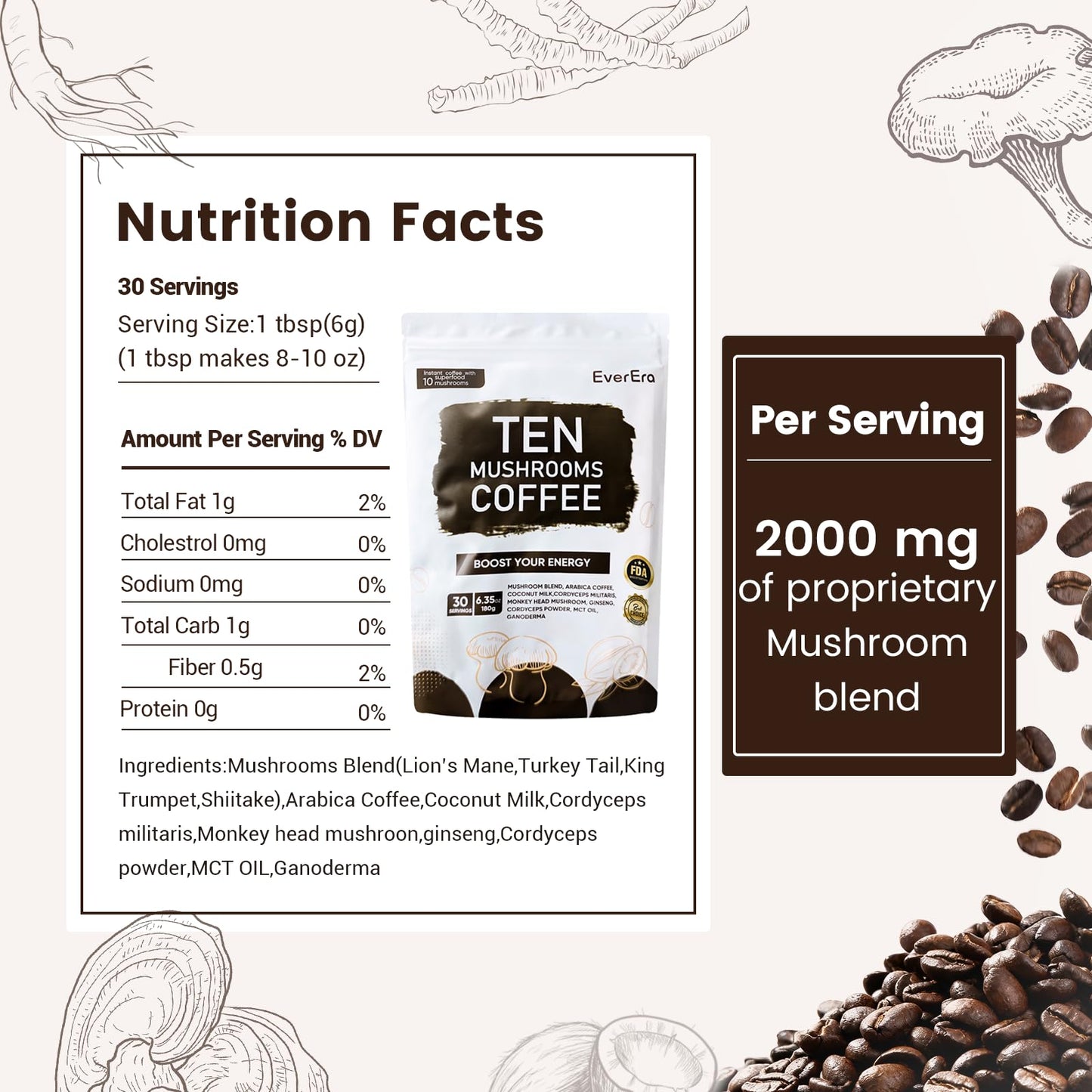 EverEra Organic Mushroom Coffee Powder, 6.35 Ounce, 30 Servings