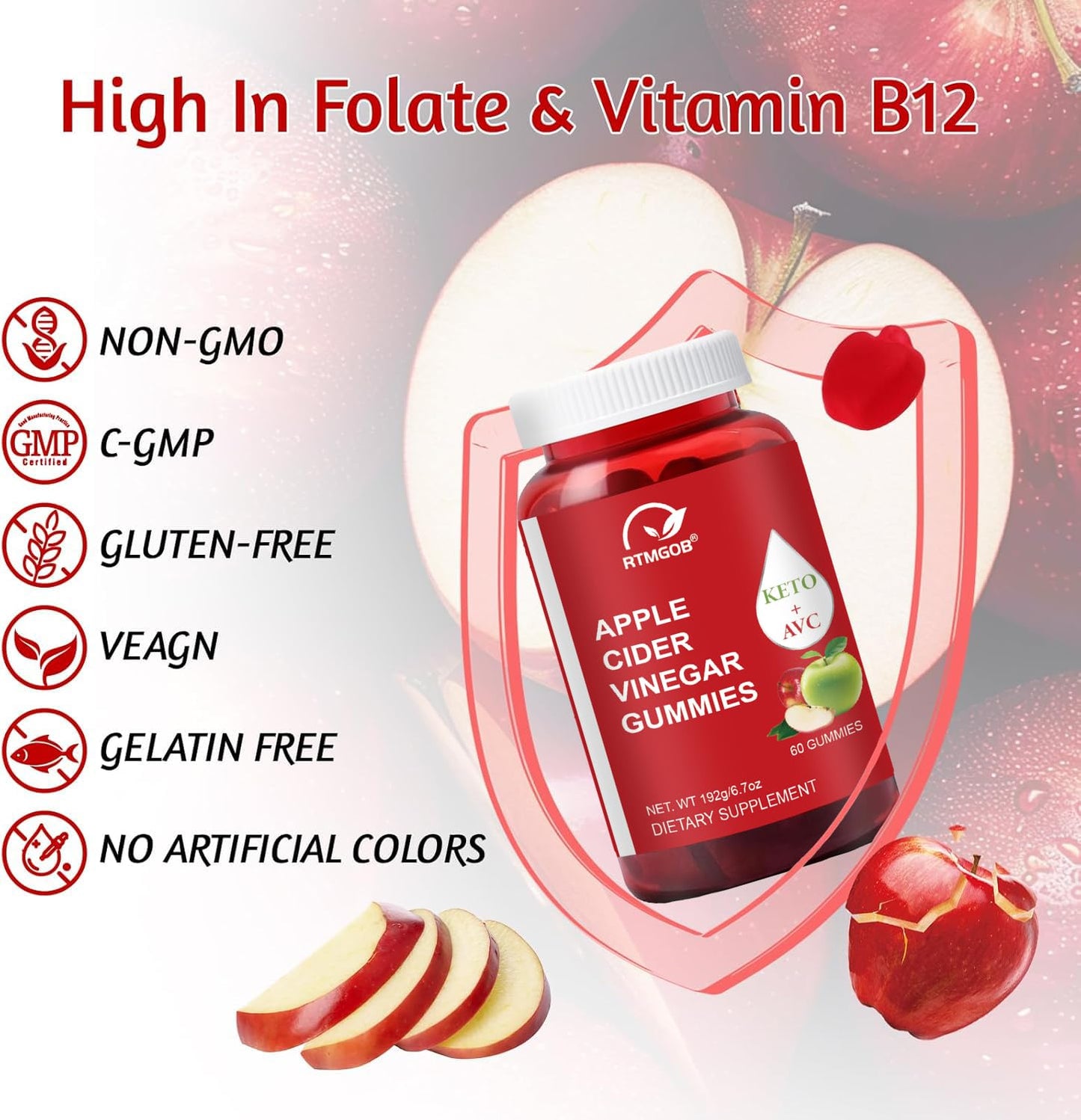 RTMGOB Apple Cider Vinegar Gummy with Vitamin B12 60 Gummies