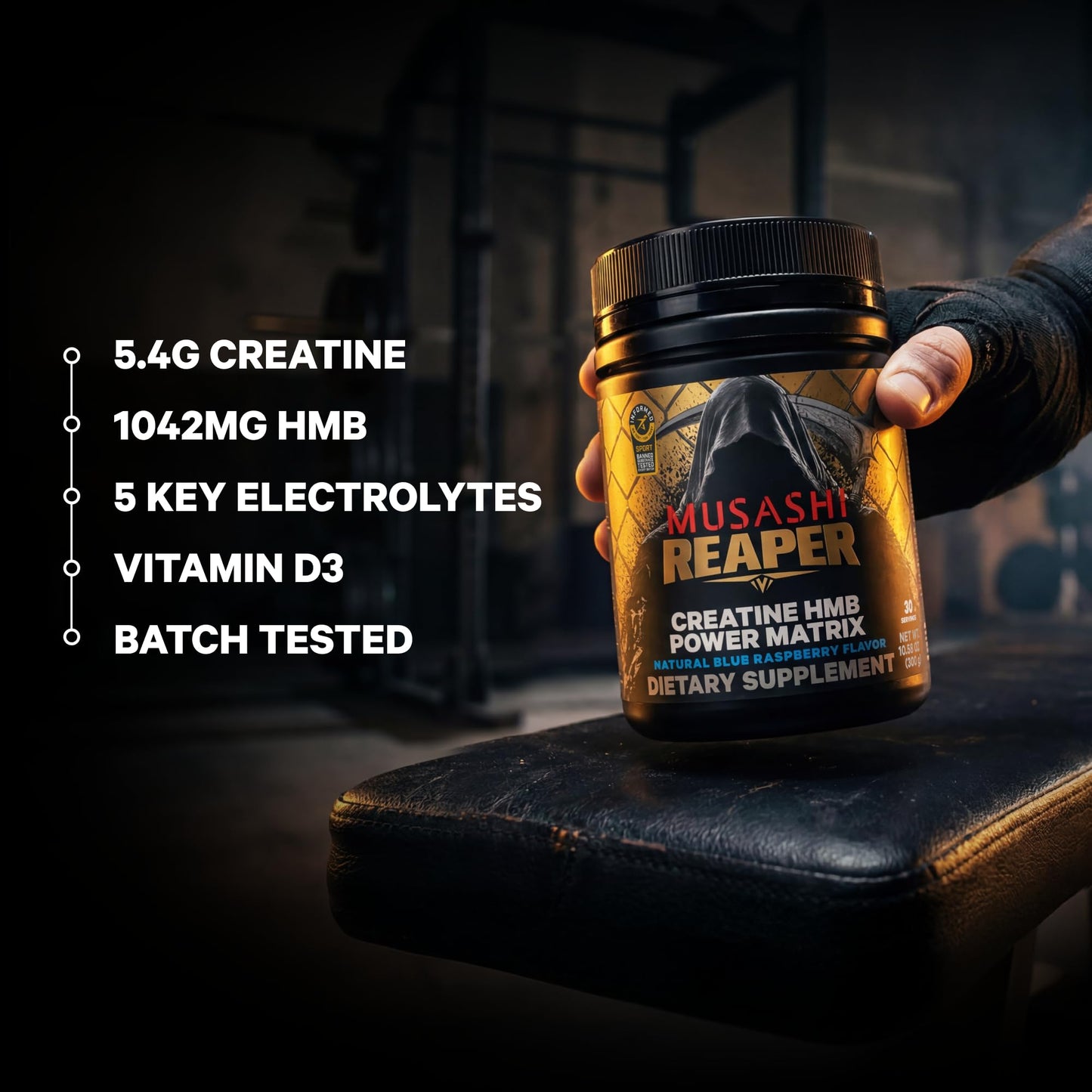 Musashi Reaper Creatine Monohydrate + HMB Powder, Blue Raspberry, 300g