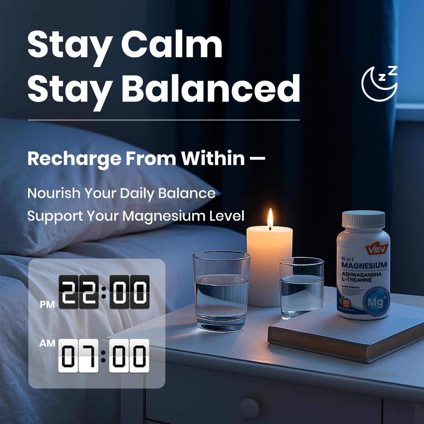 VEV Deep Calm 15 in 1 Magnesium Glycinate & Citrate Complex Capsules, 60 Capsules